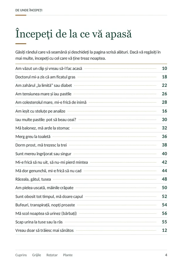 Pagina 4: lista grijilor, cu pagina fiecăreia