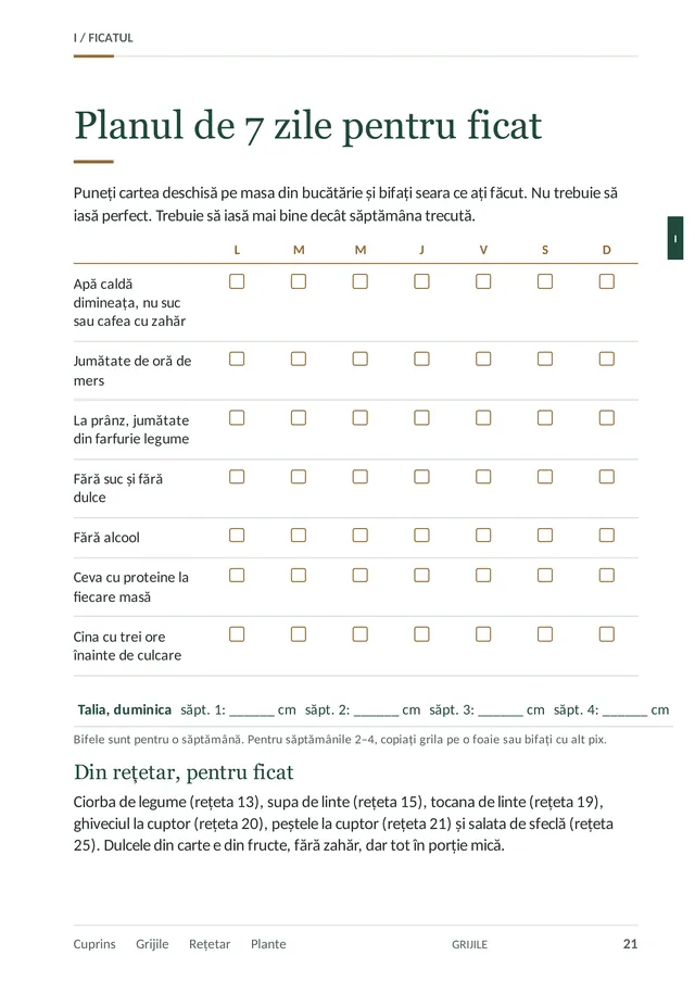 Pagina 21: planul de 7 zile pentru ficat, cu căsuțe de bifat